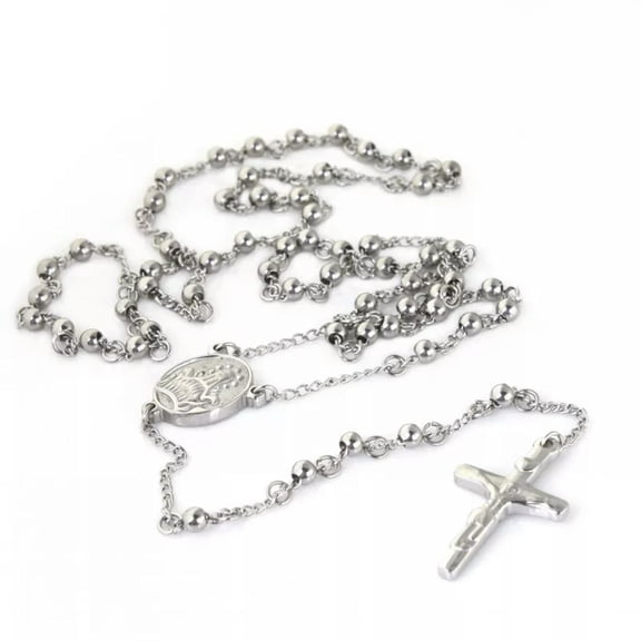 HOOUN 26'' 4'' Stainless steel 4mm Round Ball Crucifix JESUS Rosary Necklace Chain