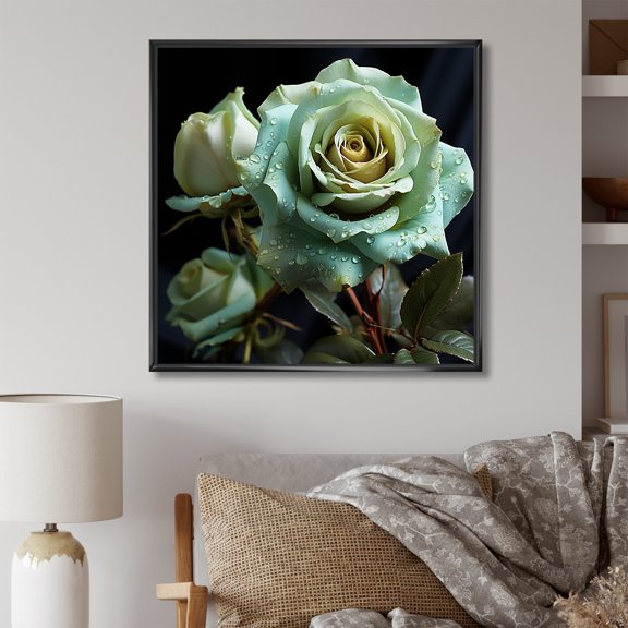 Designart "Lifelike Green Rose Beauty II" Roses Floater Framed Wall Art Living Room