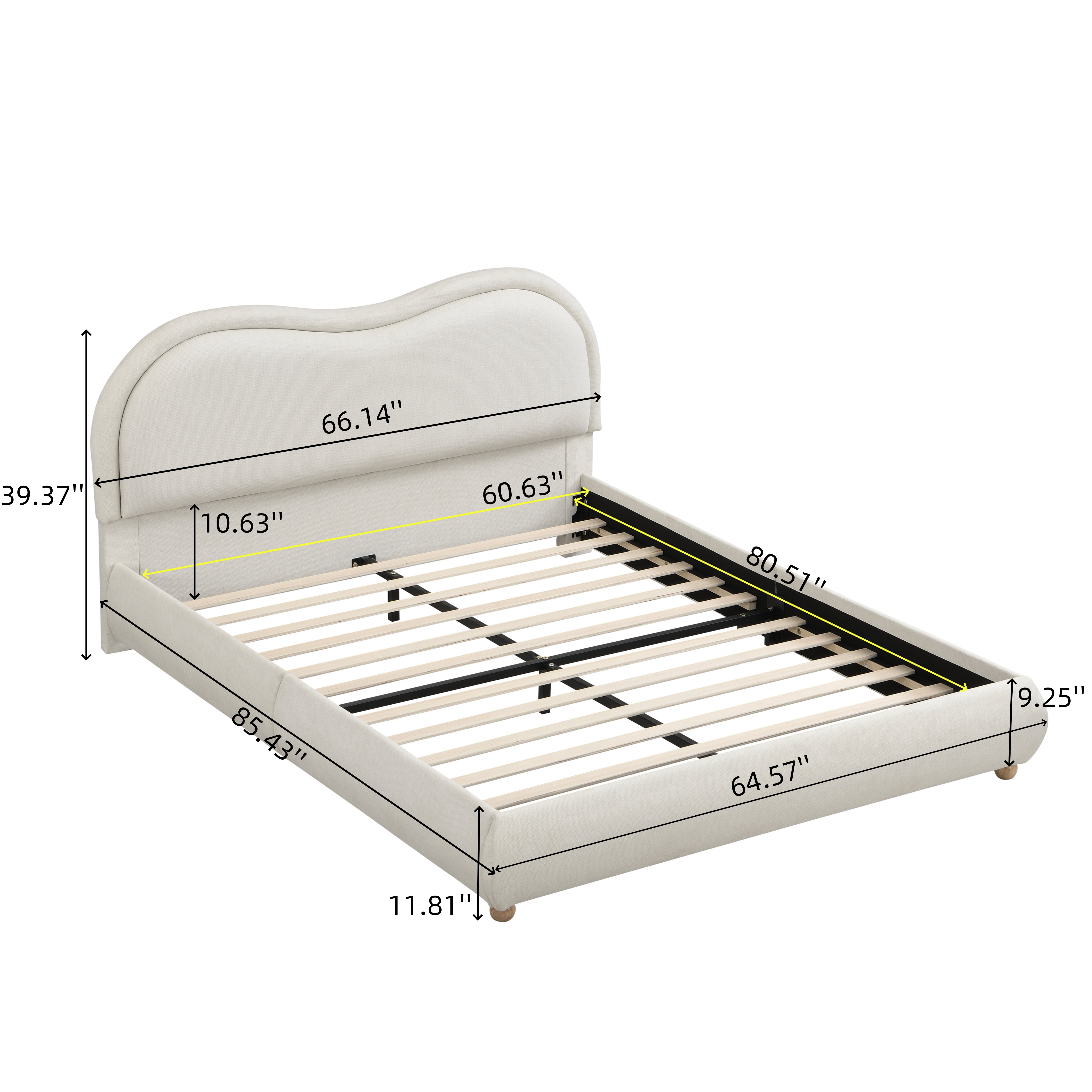 Queen Size Upholstered Platform Bed Frame with Rounded Corners Curved Headboard, Wooden Slats, Oak Solid Wood Legs, Chenille Fabric, No Box Spring Needed, Easy Assembly, Beige