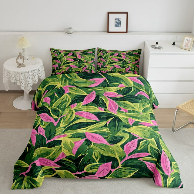 Erosebridal Leaf Print Bedding Sets Queen with Comforter, Botanical Plant Duvet Insert, Oil Printing Decor, Reversible 3pcs