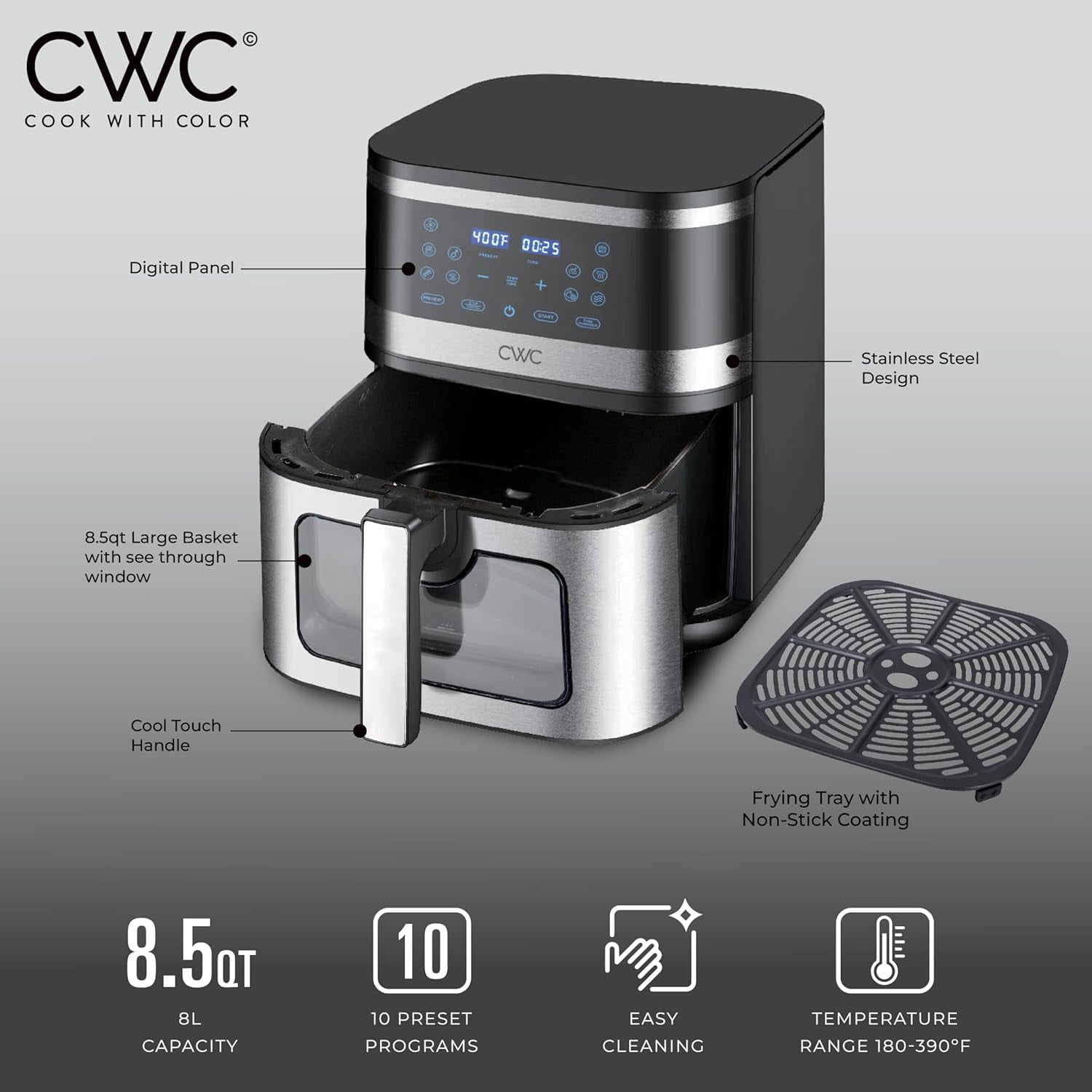 Cook with Color Digital Air Fryer 8.5-Quart Stainless Steel Air Fryer Kitchen Appliance, Black