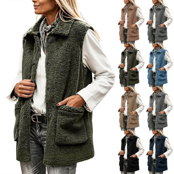 Sherpa Fleece Vest for Women, Button Down Collared Sleeveless Mid-Length, Fall Winter Warm Casual Layering S-3XL