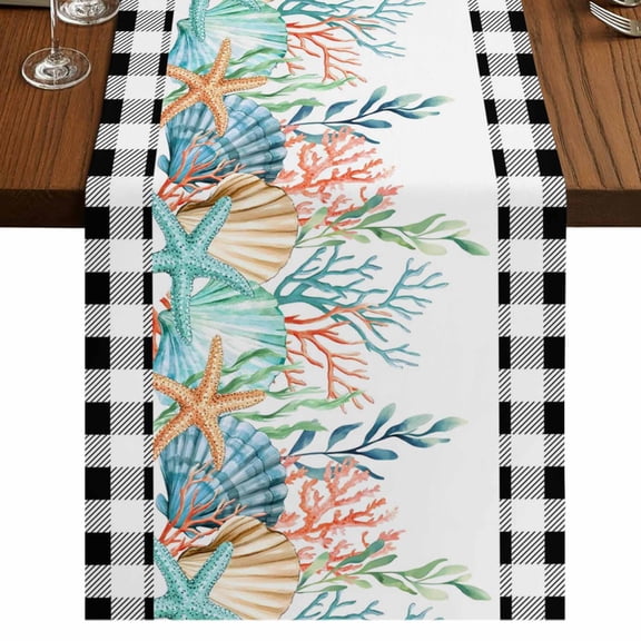 Table Runners 72 Inches Long Dress Scarves, Coastal Corals Shells Farmhouse Kitchen/Dining Table Runner, Coffee Tablerunners, Ocean Marine Life Sstarfish Black Plaid 16x72 Inch