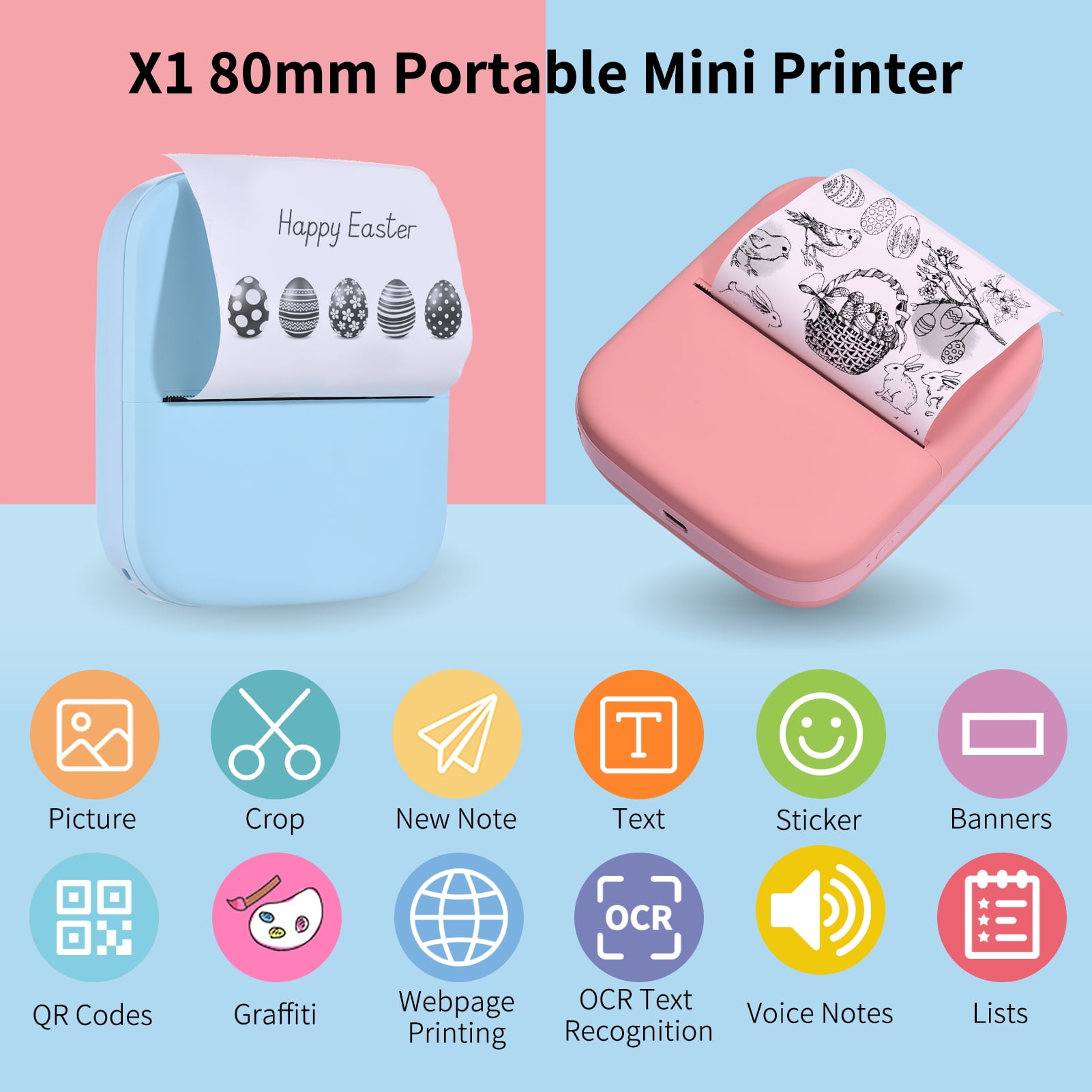 Fesjoy Mini Printer X1 Mini Pocket Printer 80mm BT Wireless Thermal Photo Printer 300dpi Picture Memo Notes Lists Journal Receipt Paper Printer Sticker Inkless Printing Compatible with Android iOS