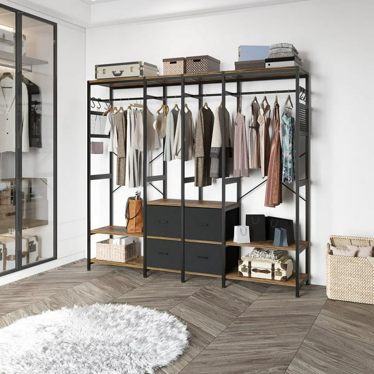87.2 H Tall Closet System, Walk in Wardrobe Closet with 4 Rattan Drawers  and Shelves Heavy Duty Metal Clothing Storage Organizer Spacious Open