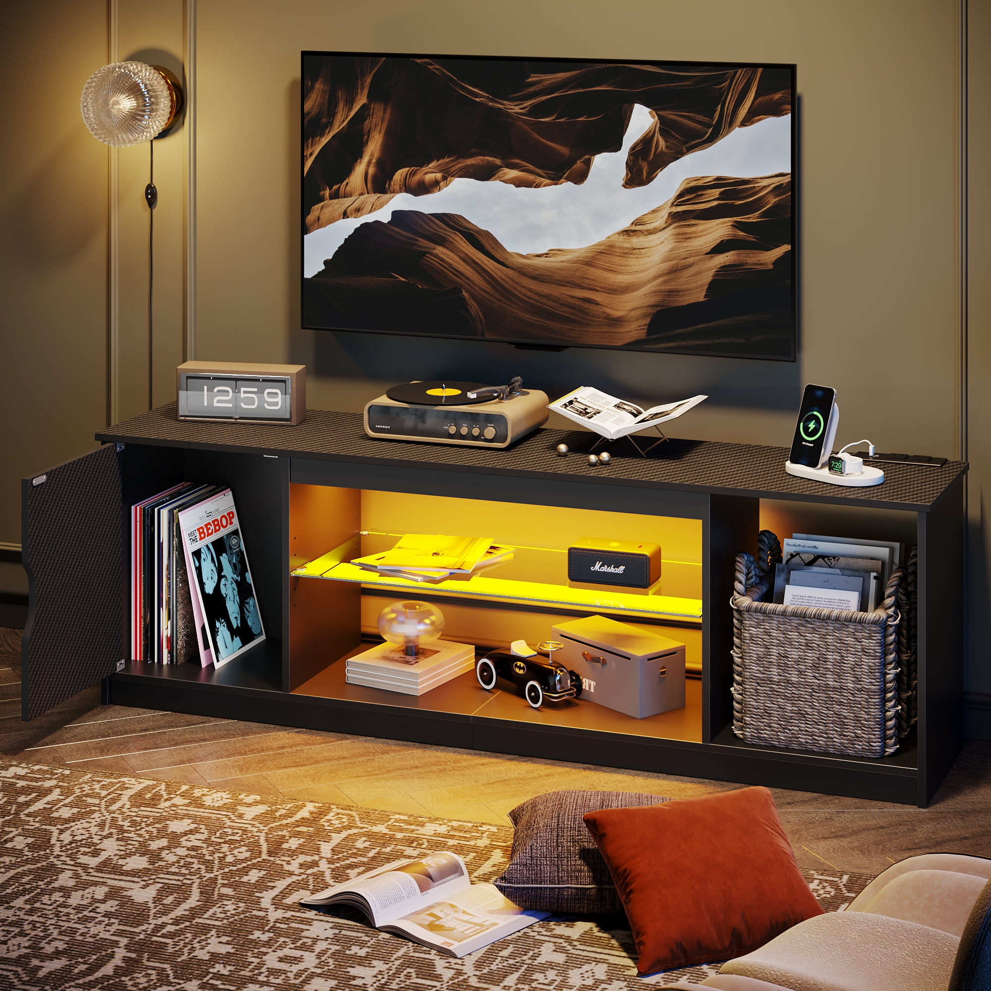 Bestier LED TV Stand for TVs up to 65", Entertainment Center with Power Outlet & Storage Cabinet, Carbon Fiber