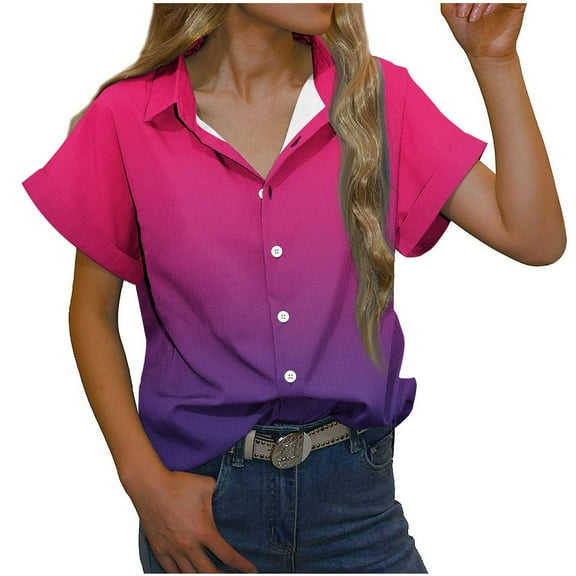 XFLWAM Womens Casual Short Sleeve Button Down Shirts Summer Cotton Solid Color Top Blouses with Pockets Hot Pink XL