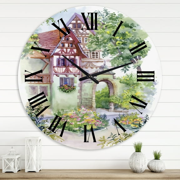 Designart 'Red Rustic House In The Country Side' Traditional Wall Clock