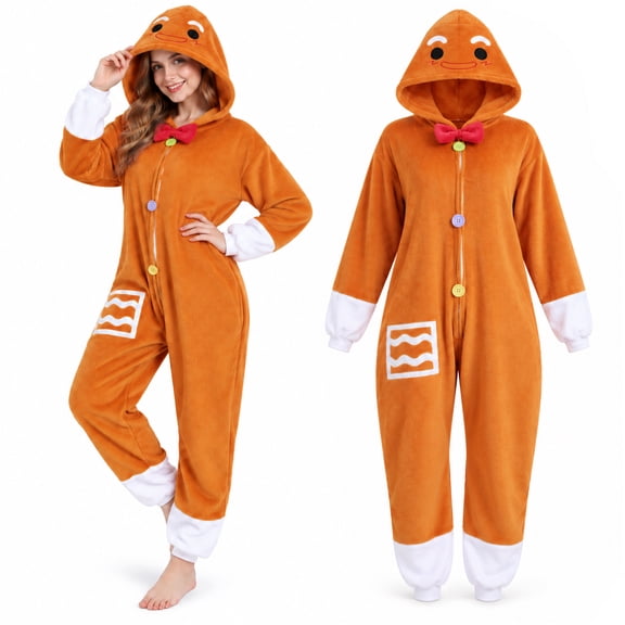 Adult Gingerbread Onesie Christmas Pajamas Hooded Jumpsuit for Men Women