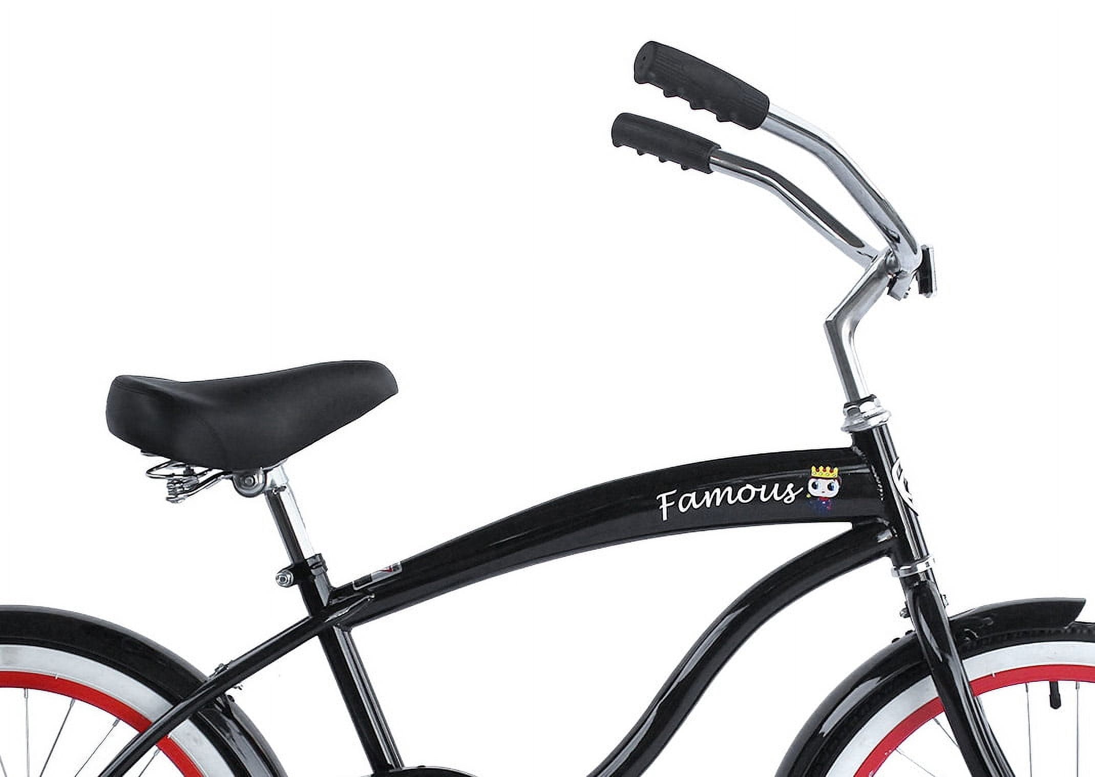 Wonder Wheels 20" Beach Cruiser Steel Frame Black, Coaster Brake, Alloy Rims Red 36H, Stainless Steel Spokes, One Piece Crank, Tire White Wall, Seat & Grip Black, Fender Black - Black & Red