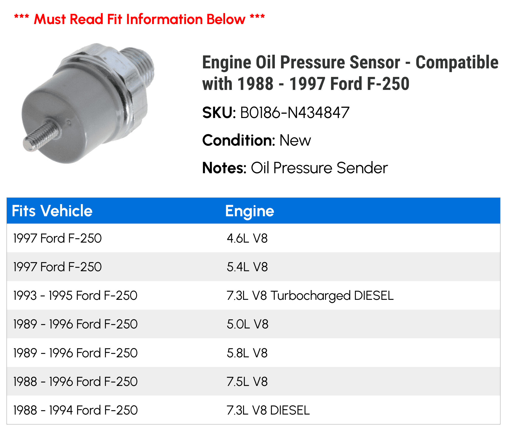 Engine Oil Pressure Sensor - Compatible with 1988 - 1997 Ford F-250 1989 1990 1991 1992 1993 1994 1995 1996