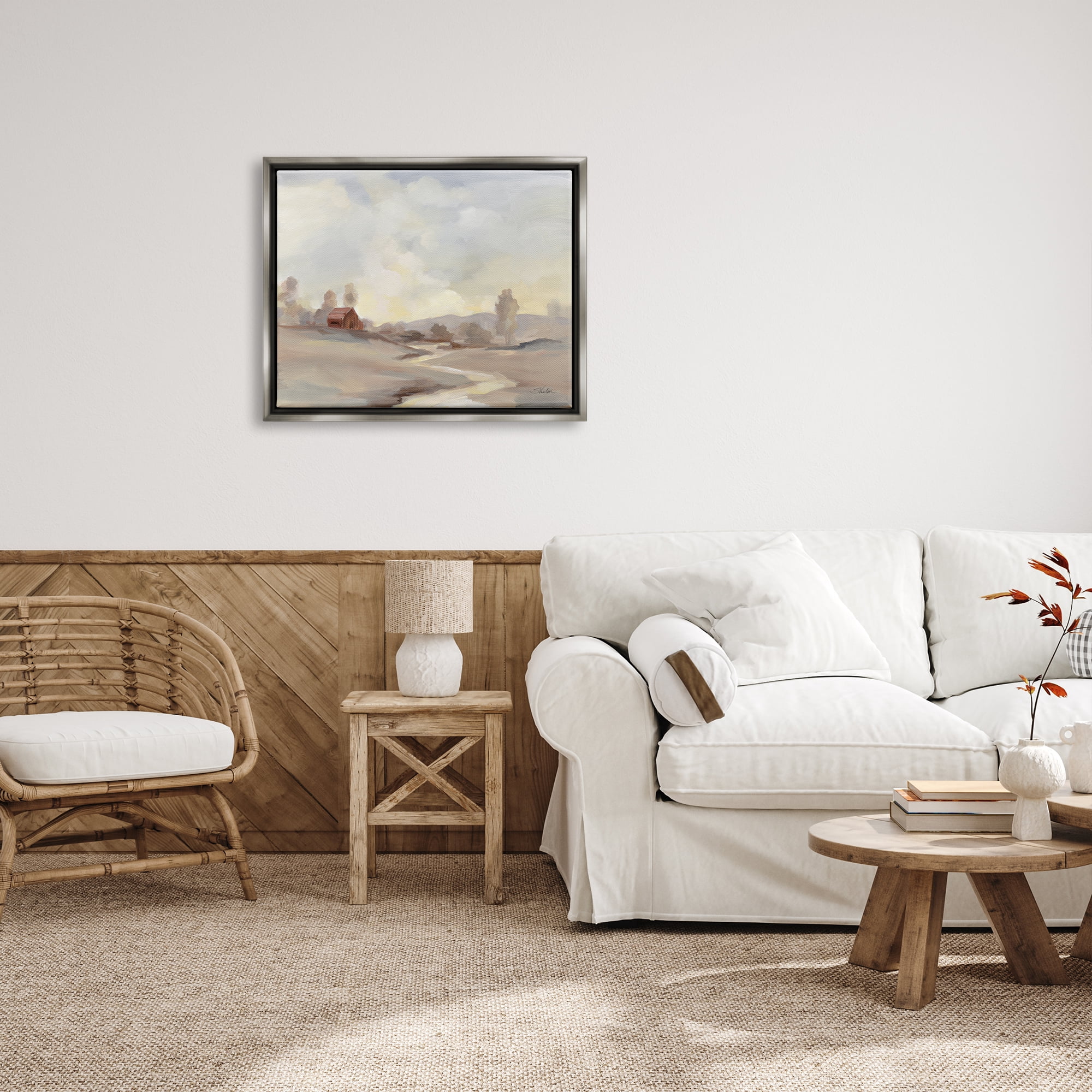 Stupell Industries Abstract Cabin Landscape Nature Painting Gray Floater Framed Art Print Wall Art, 31 x 25