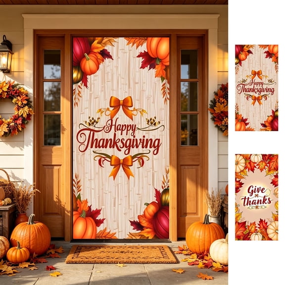 Fall Door Cover Decorations, 35.43x70.87in Fall Door Banner for Front Door, Autumn Harvest Backdrop for Thanksgiving Holiday Party Supplies, A