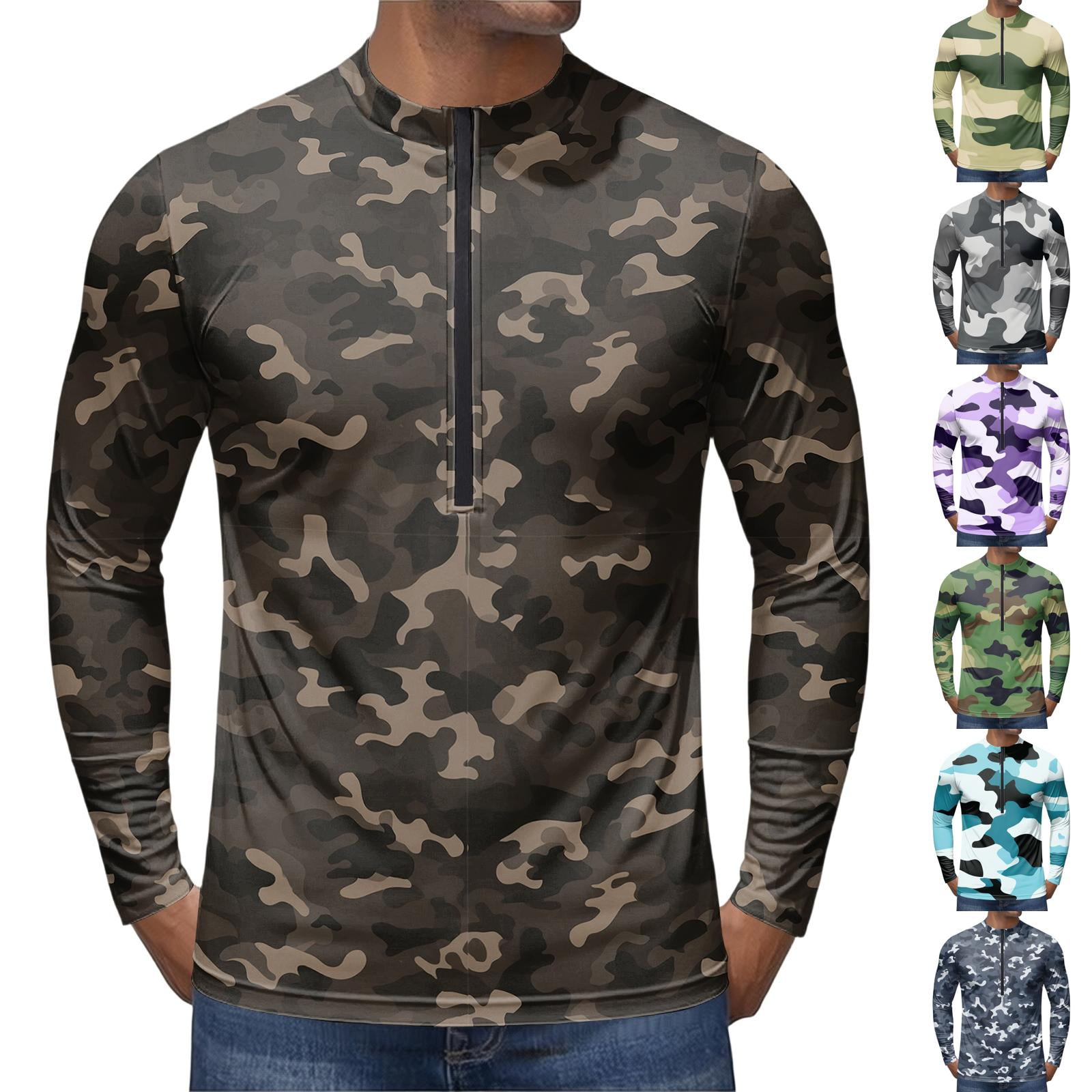 Athletic Camo Quarter Zip Pullover for Men Lightweight Moisture Wicking Long Sleeve Performance Top - Breathable Stretch Shirt for Running Gym Hiking Outdoor Khaki XXXL
