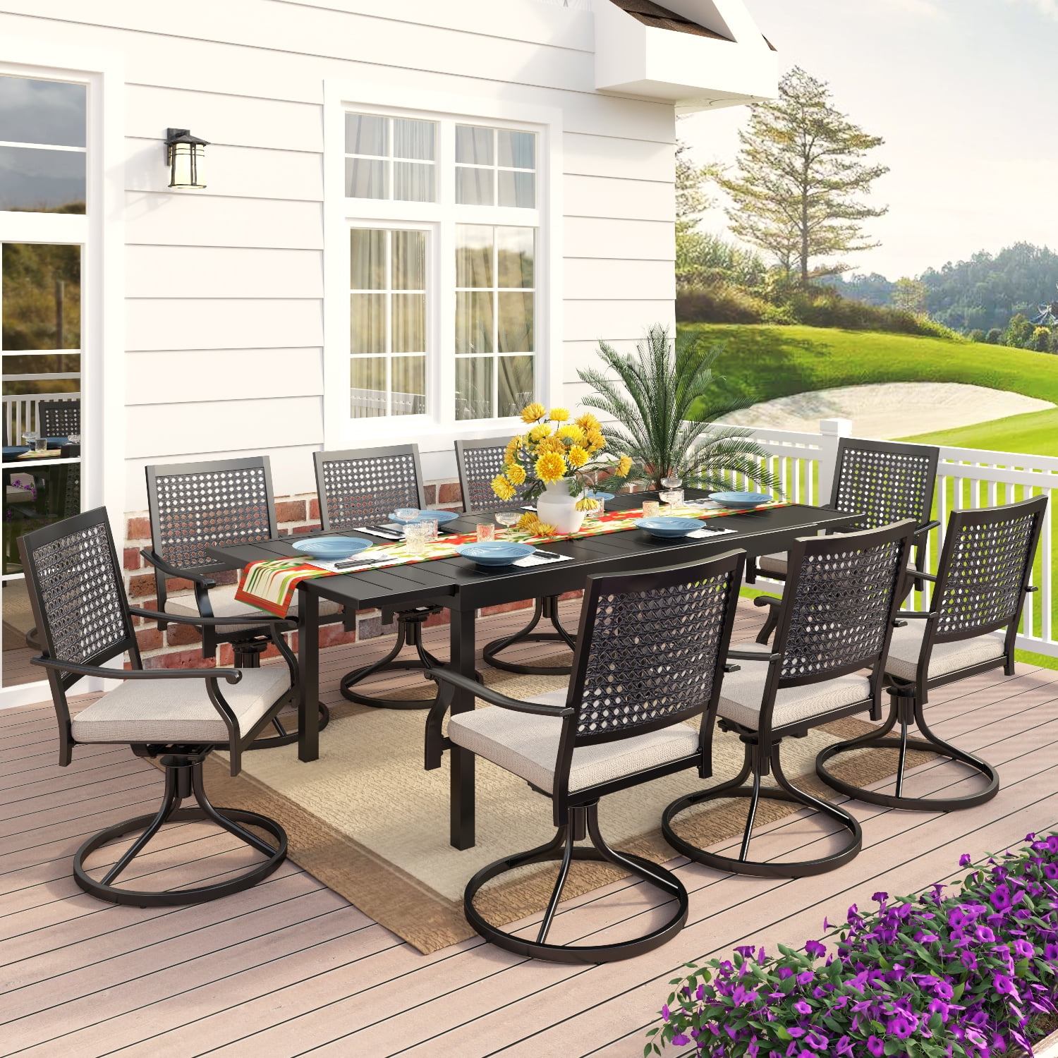 MF Studio 9 Pieces Patio Dining Set with 6 Swivel Dining Chairs and 1 Expandable Metal Table