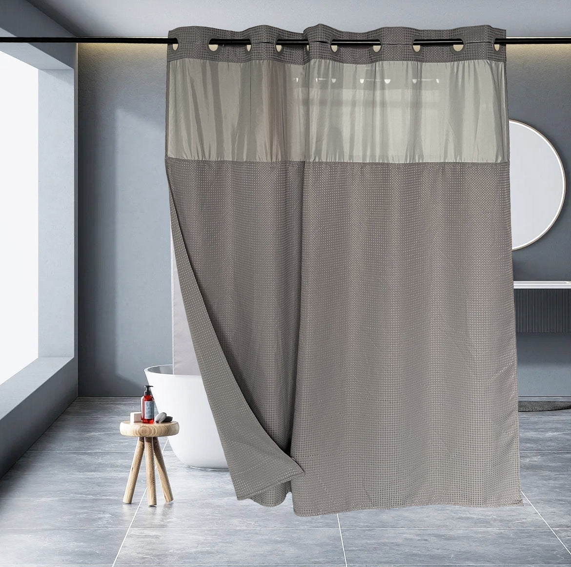 Zrodlmo No Hook Fabric Shower Curtain with Snap Lining, Waffle Waterproof and Mildew Resistant Bathroom Curtain, 72" x 74", Gray
