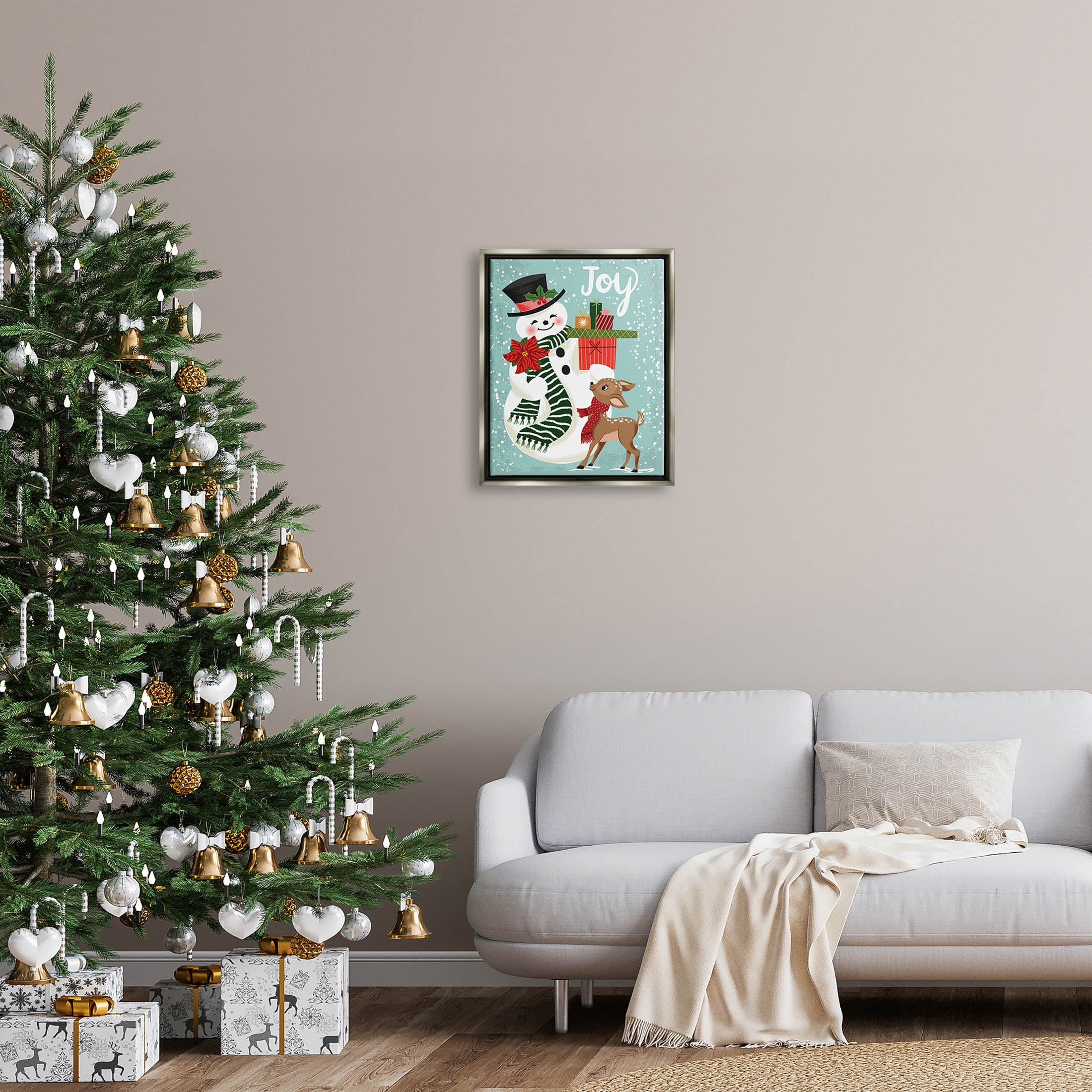 Joy Smiling Snowman Holiday Deer Holiday Graphic Art Luster Gray Framed Art Print Wall Art