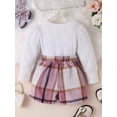 thumbnail image 4 of Pudcoco Kids Girl Fall Outfits Solid Color Square Neck Long Sleeve Tops Buttons Mini Plaid Skirts 2Pcs Clothes Set, 4 of 8