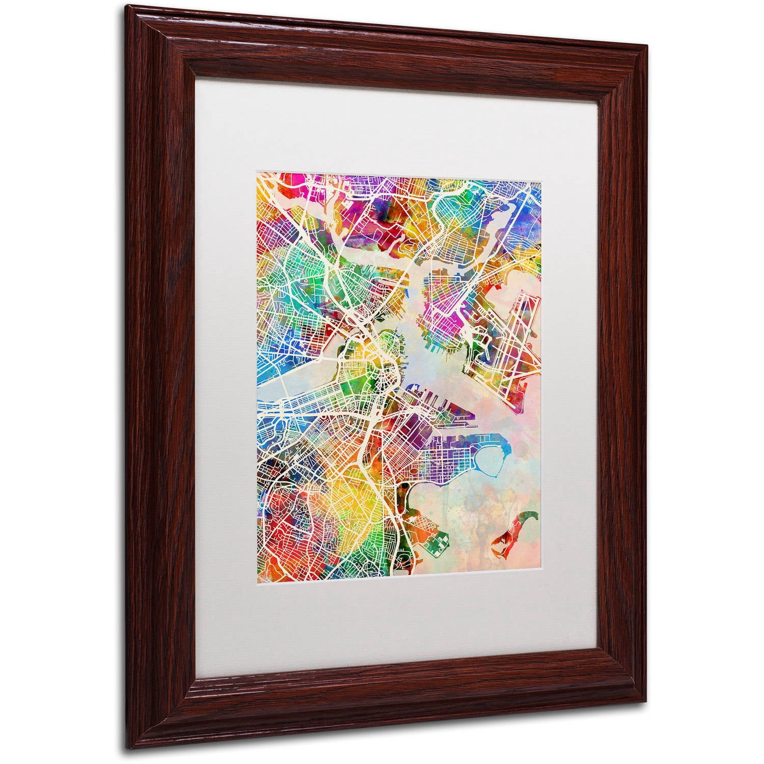 Trademark Fine Art "Boston MA Street Map" Canvas Art by Michael Tompsett, White Matte, Wood Frame