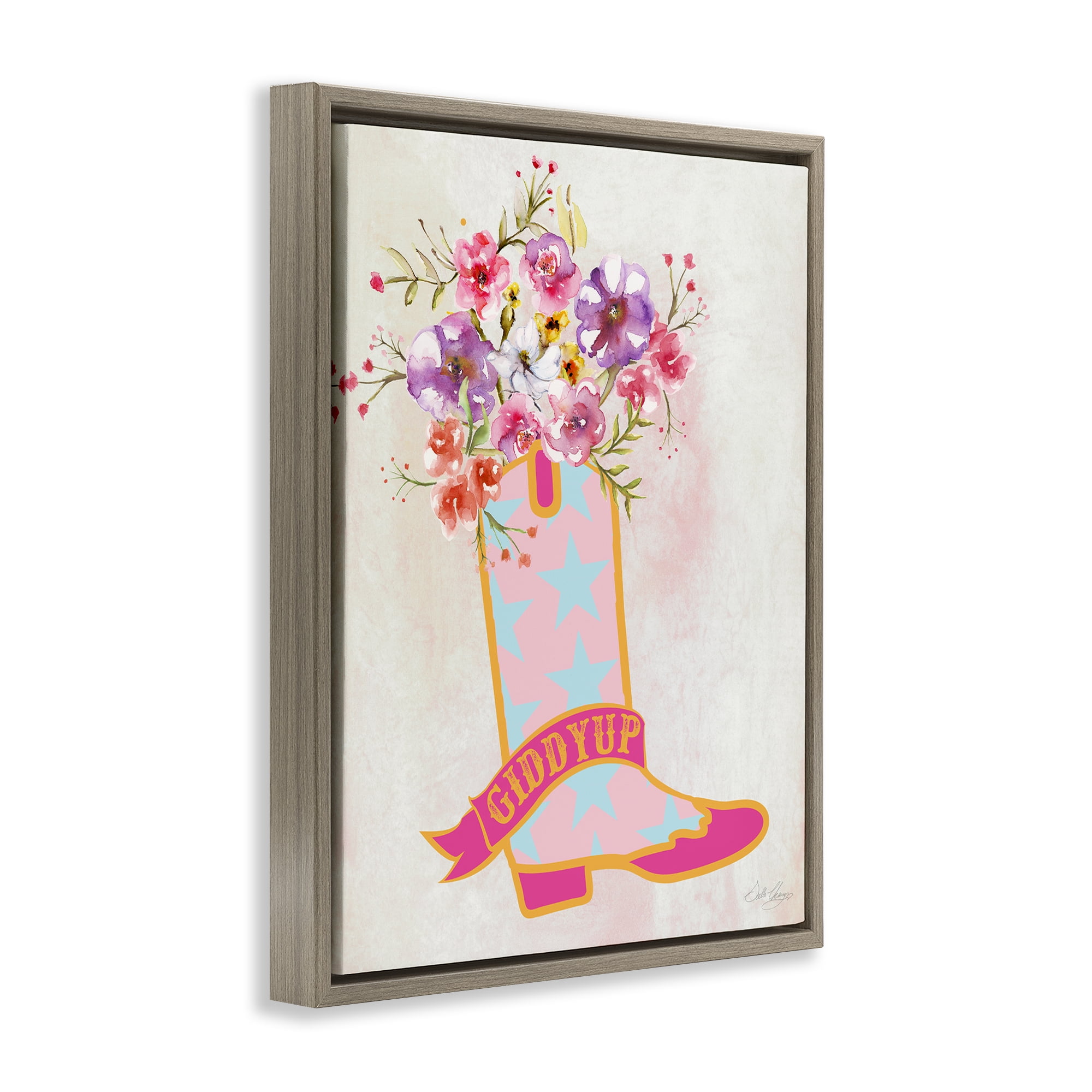 Stupell Industries Giddy Up Floral Cowgirl Plants & Flowers Painting Brown Floater Framed Canvas Art Print Wall Art, 25 x 31