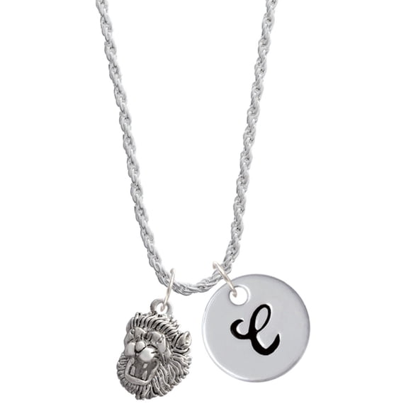 Delight Jewelry Silvertone Small Lion - Mascot Silvertone Script Initial Disc - C - Charm Necklace, 20"+3"