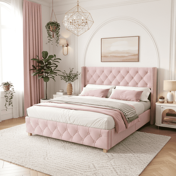 Noble House Full Size Linen Upholstered Platform Bed,Diamond Tufted Buttons, Gold Nailhead Trim & Solid Wood Legs, Pink