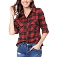 thumbnail image 3 of Unique Bargains Women's Halloween Costume Check Roll Up Sleeves Button Down Shirt, 3 of 8