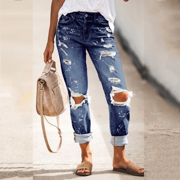 Yourumao Ripped Jeans for Women Distressed Straight Leg Elastic Waisted Jeans Trendy Streetwear Denim Pants with Pocket