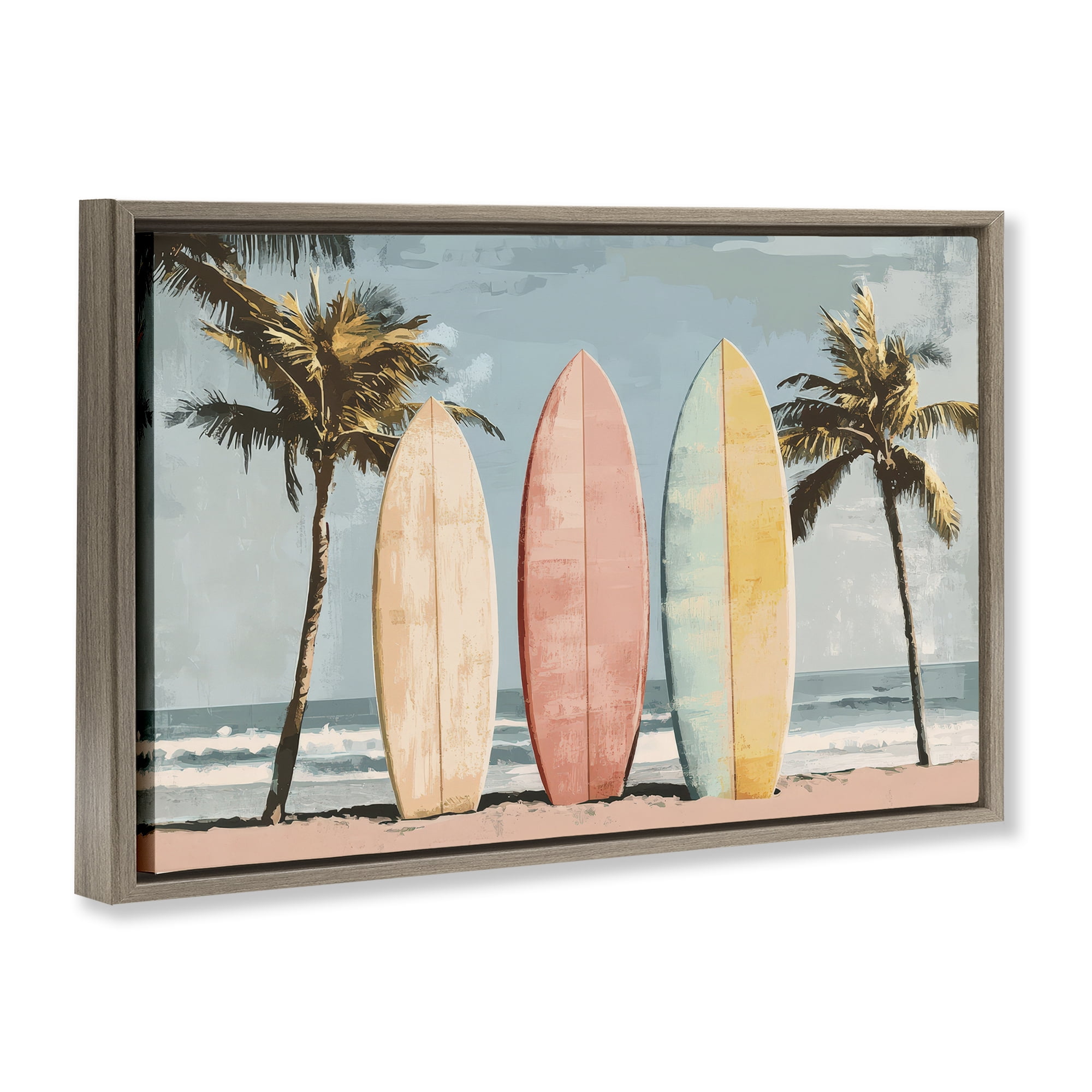 Stupell Industries Paradise Surfboard Trio Brown Framed Floater Canvas Wall Art, design by Petal Prints Design