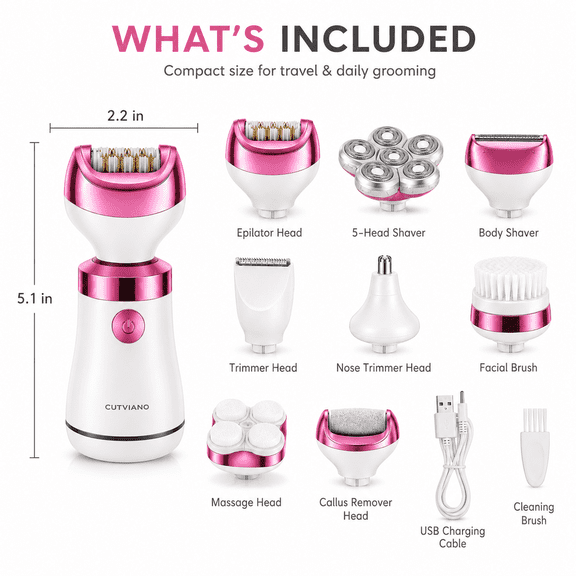 8 in 1 Electric Razor for Women, Epilator & Bikini Trimmer, Rechargeable Lady Shaver with Facial Brush, Nose Trimmer & Callus Remover for Legs, Face, Underarms