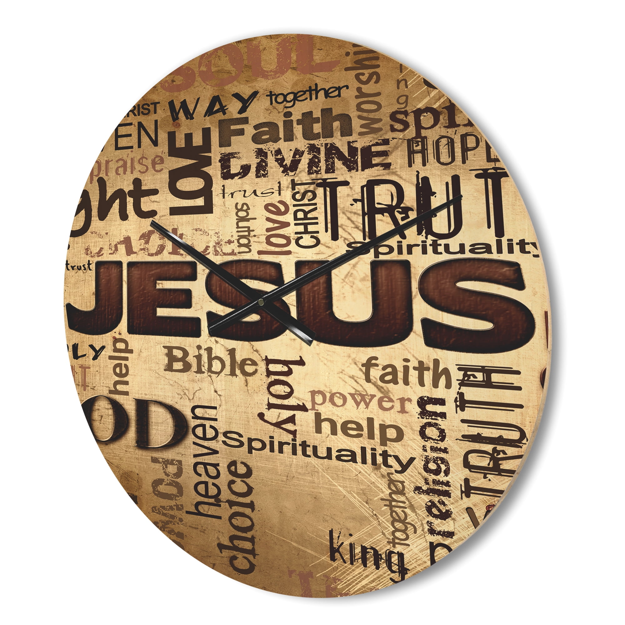 Designart 'Jesus' Word Cloud in Grunge Quote' Modern Wood Wall Clock