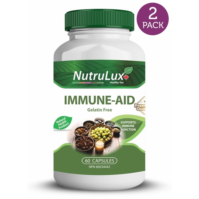 Immune Aid (200 mg Chlorella Vulgaris) Capsules Sans Gélatine Halal, Lot de 2, par NutruLux. l'Image Présente Deux Bouteilles avec des Capuchons Verts et des Étiquettes Mettant en Valeur le logo NutruLux, une Feuille d'Érable Canadienne, et un Texte Mettant l'Accent sur le Soutien Immunitaire, une formulation Sans Gélatine et des Bienfaits Naturels pour la Santé. Chaque Bouteille Contient 60 Capsules, Mises en Évidence avec des Visuels d'Ingrédients à Base de Plantes comme les fruits et les Herbes