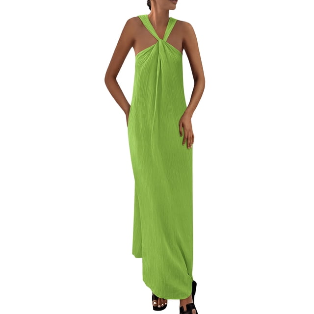 Vestido de verano PRETTYGARDEN 2025 casual largo sin mangas verde