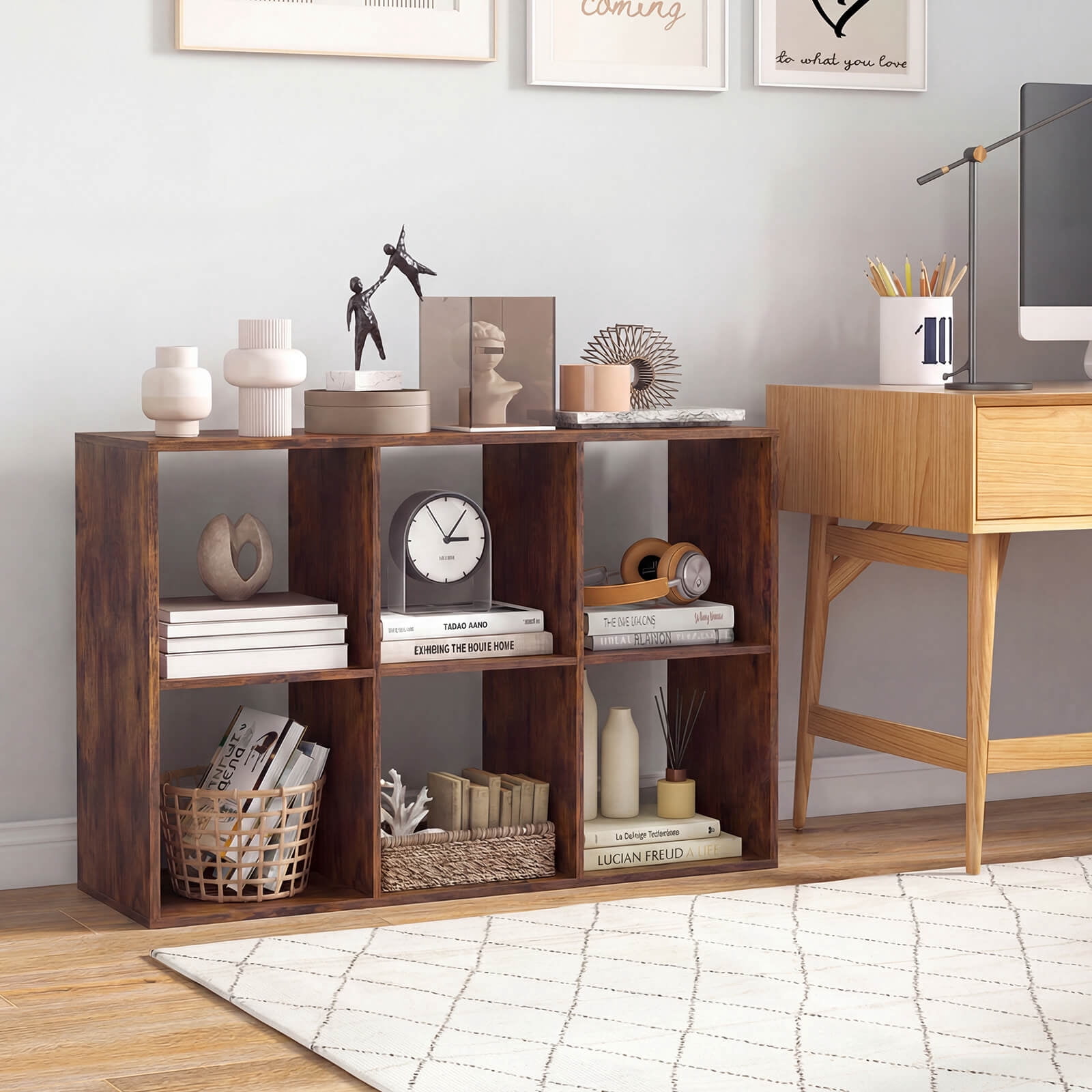 Costway 6-Cube Bookshelf, Modern Cubby Bookcase with Back Guardrail & Anti-tipping Kits Brown