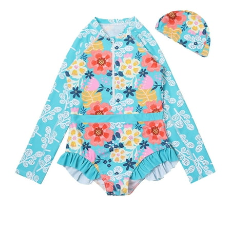 WERYOUNG Toddler Baby Girls Swimwear Infant Baby Girls Long Sleeve Floral Printed Ruffles Swimsuit Rash Guard Shirts Bathing Suit  Light Blue  4-5Years