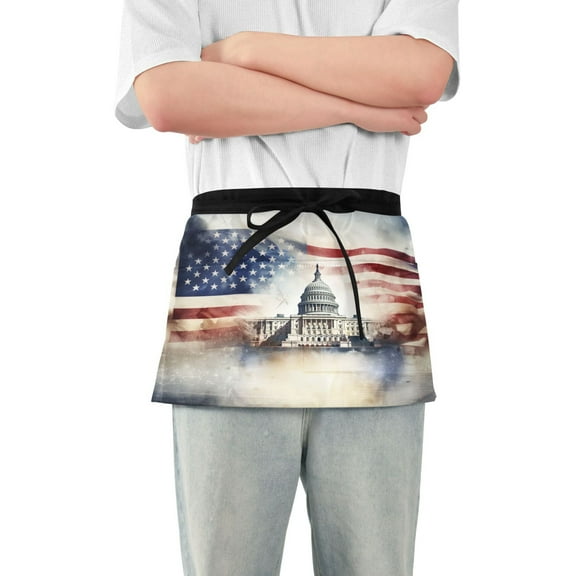 White House and American Flag Server Apron with 3 Pockets Waterproof Waitress Waist Short Apron for Man Woman 12 Inches