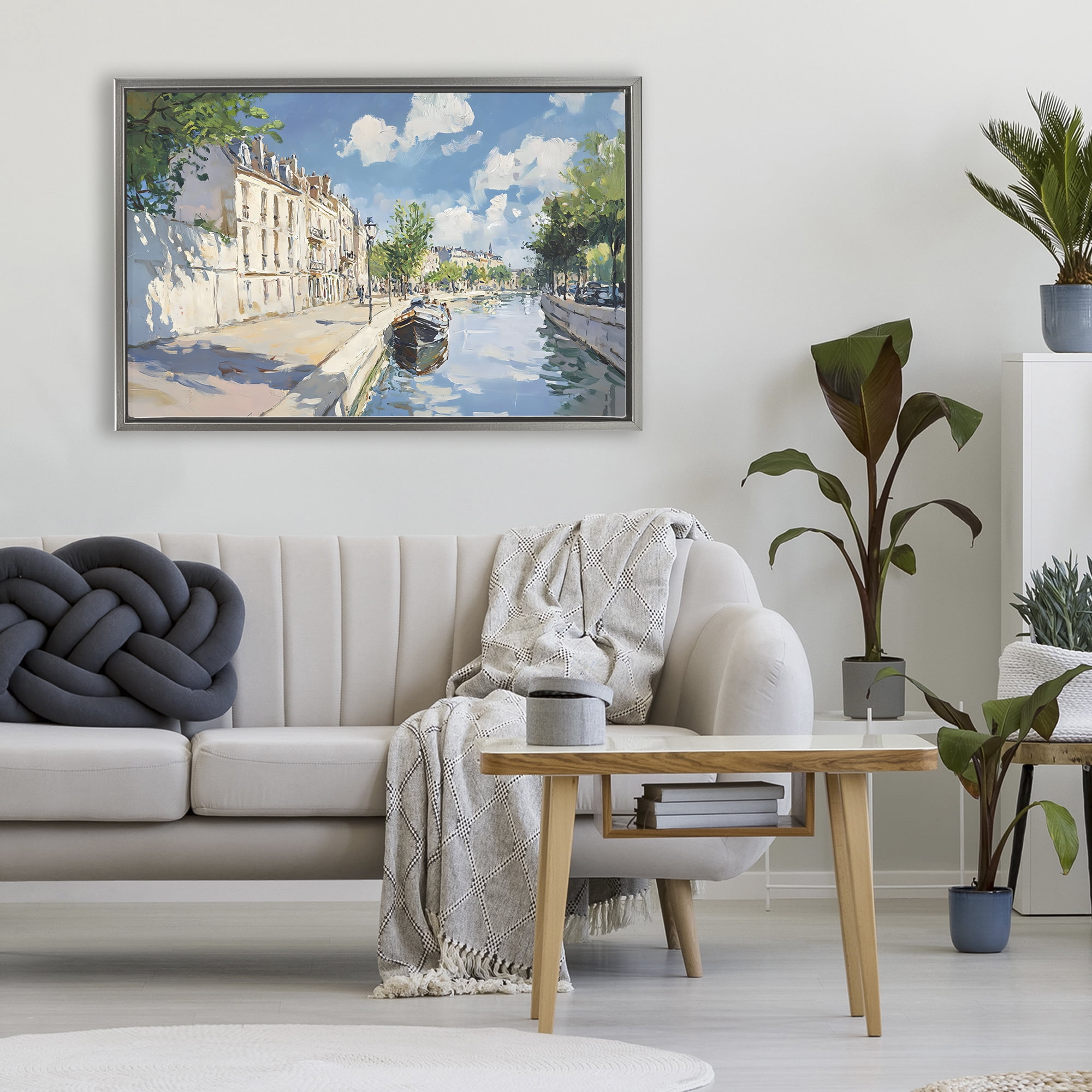 Stupell Industries Boat in Canal Summer Reflection Gray Framed Floater Canvas Wall Art, design by Creative Studio