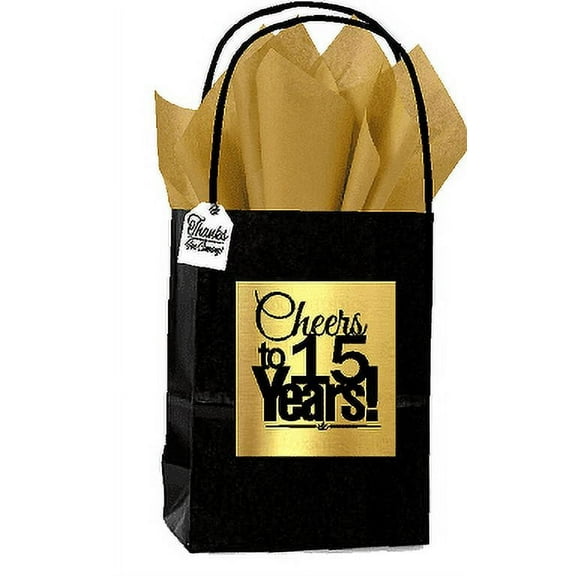 Black & Gold 15th Birthday / Anniversary Cheers Themed Small Party Favor Gift Bags with Tags -12pack