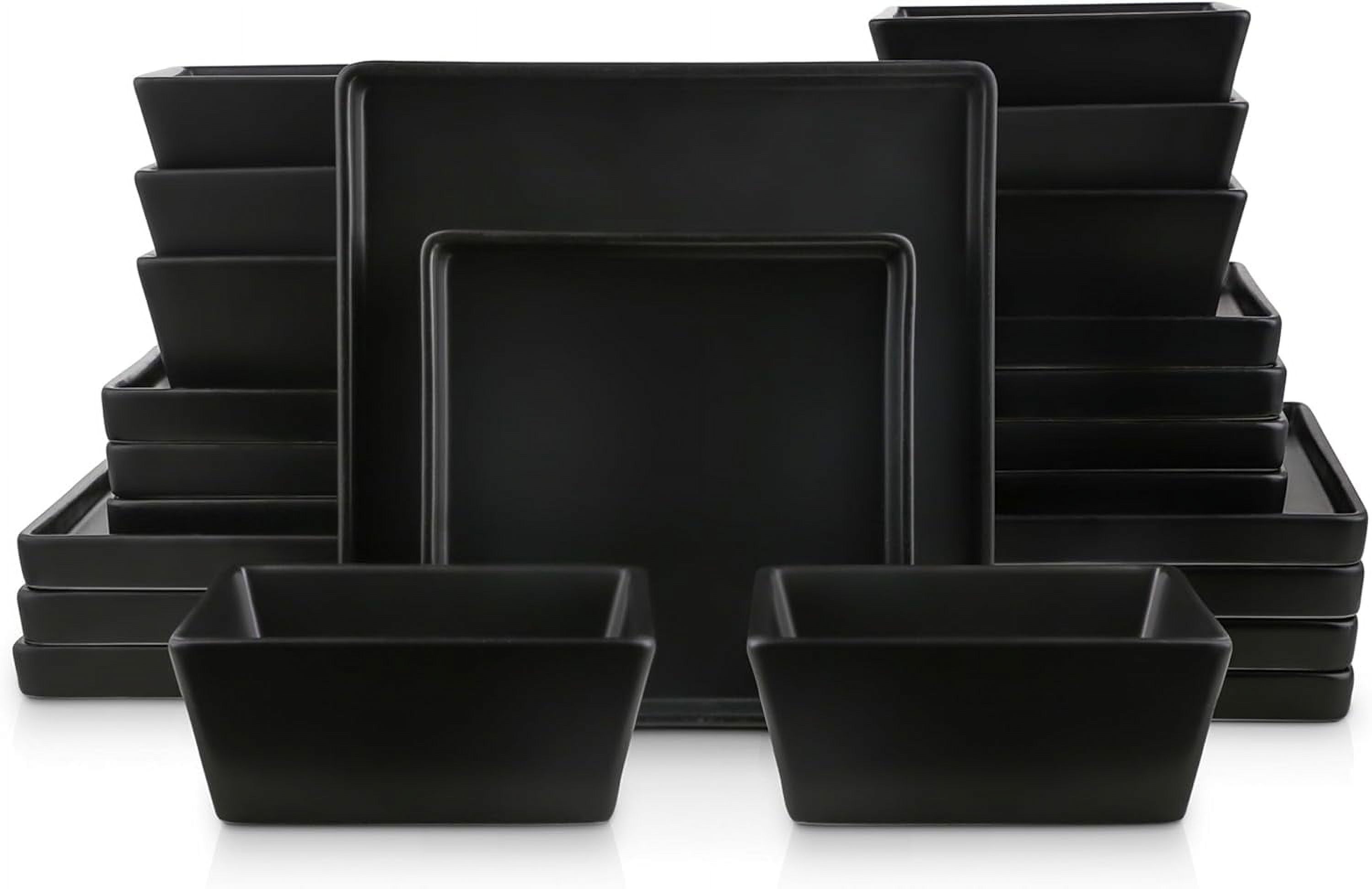 24 Pieces Stoneware Square Dinnerware Set, Black Matte
