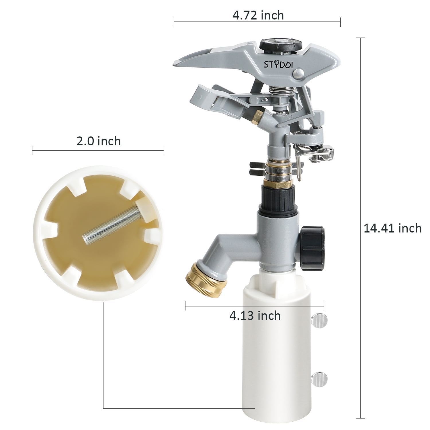 STYDDI T-Post Fence Sprinkler, Zinc-alloy Impulse Sprinkler Head on Fence T-Post Base with Flow Through, Metal Impact Sprinkler with Great Adjustability