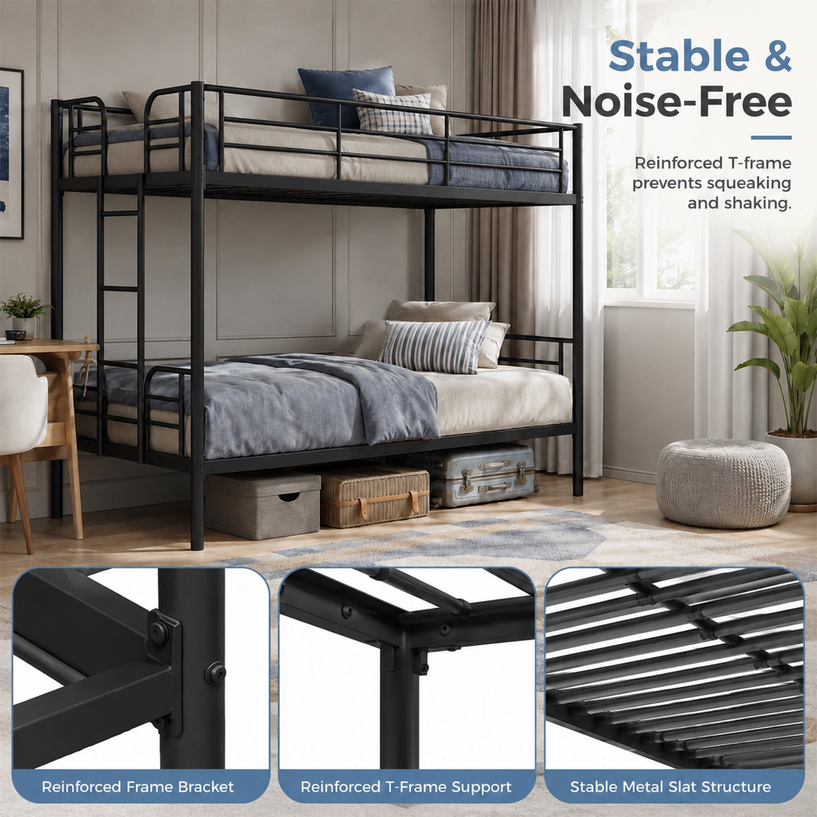 Alvantor Metal Bunk Bed Twin Over Twin with Ladder and Guardrail, 400lb Heavy Frame, Easy Assembly, Steel Bed for School, Bedroom
