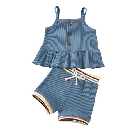 

Baby Girl Solid Color Ruffle Hem Ribbed Sling Vest Solid Color Shorts Summer