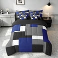 thumbnail image 3 of Manfei Navy Blue Gray Square Full Size Bedding Sets, Minimalism Geometric Grid Full Size Bed in a Bag, Black Reversible 7pcs, 3 of 6
