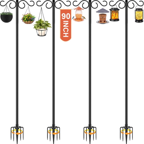 Double Shepherds Hook, 4Hooks for Outdoor,4Pack 8 Hang Hooks 90 Inch Bird Feeder Pole with 5 Prongs Base,Heavy Duty Shepherds Hook,Suitable for Garden in Hanging Flower Basket,Lantern,Bird Nests
