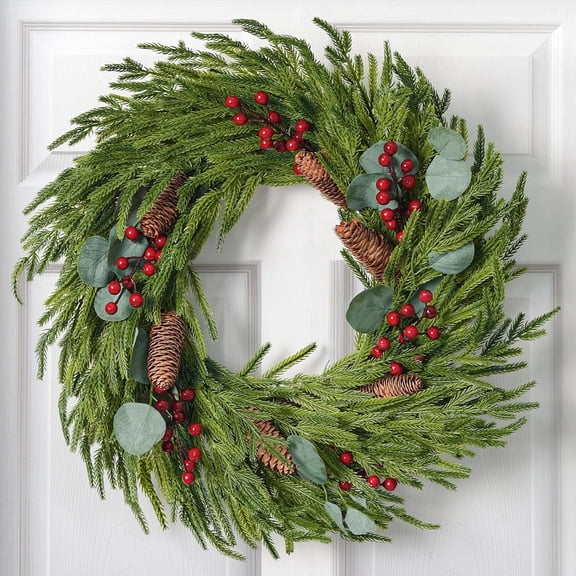 22 Inch Christmas Wreath Decorations, Artificial Christmas Wreath for Front Door, Norfolk Pine with Pine Cones, Berries