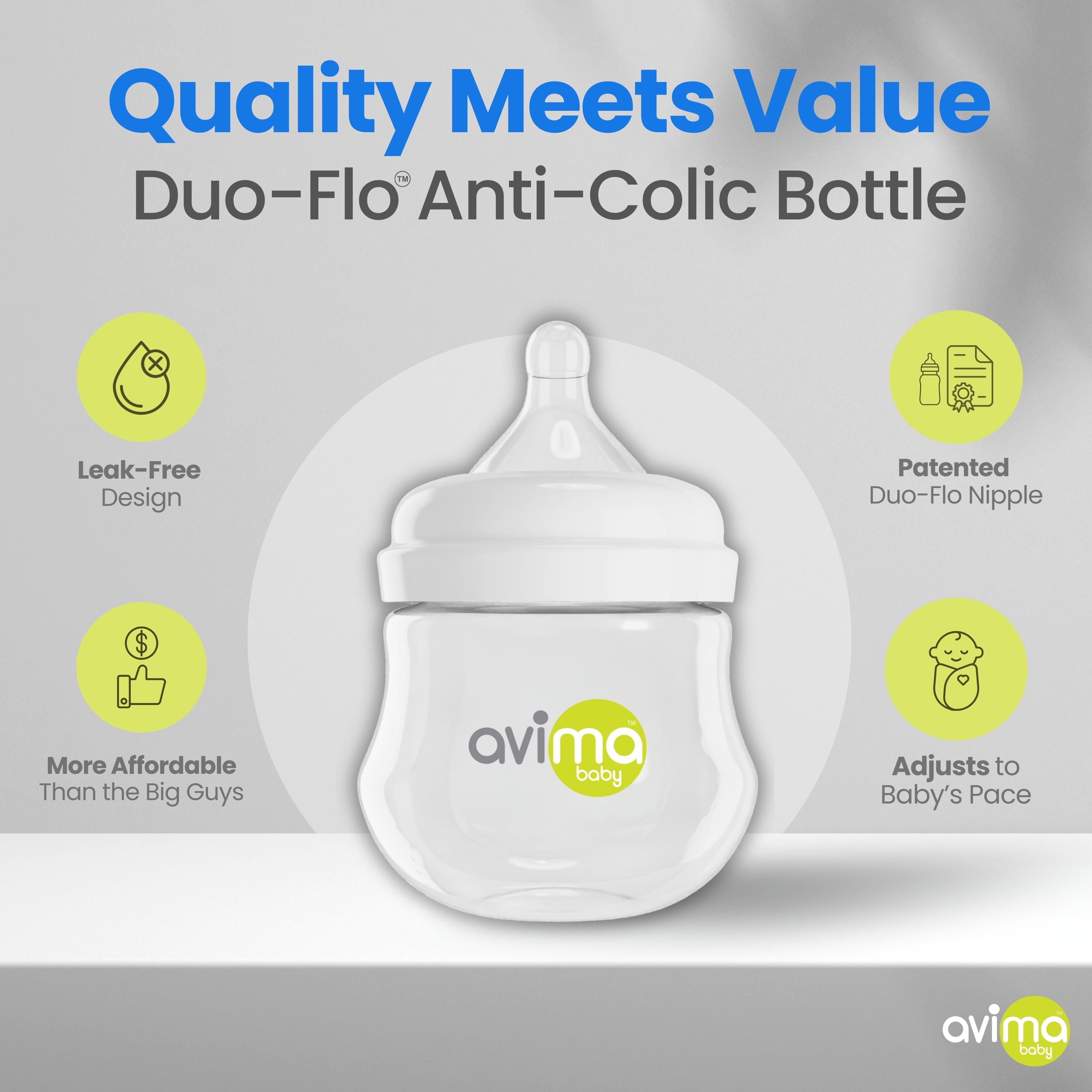 Avima Anti-Colic Baby Bottle, BPA-Free, Wide Neck, Slow Flow, 4 oz, Stage 1, 6 Pack