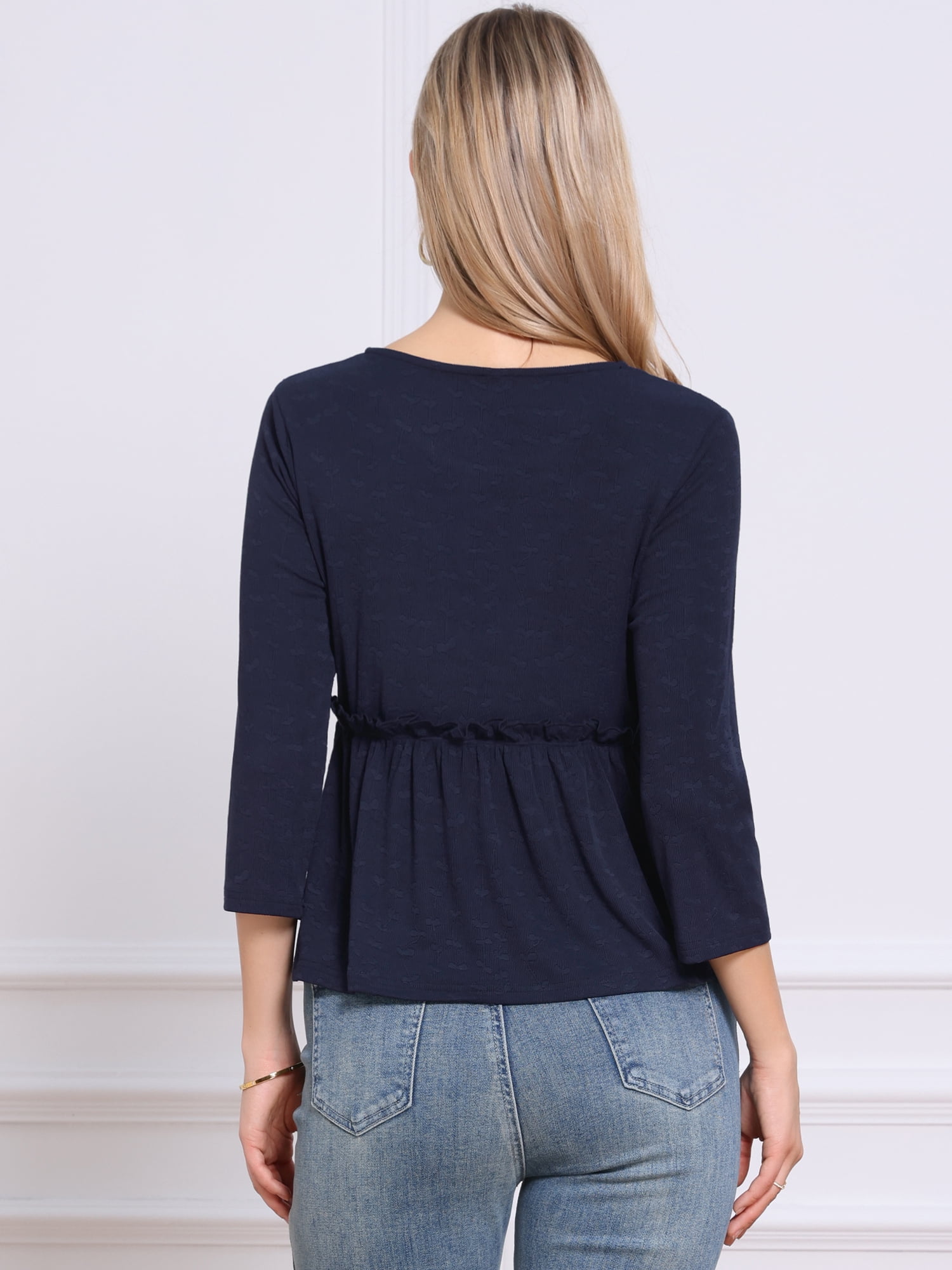 DARING DIVA Women's Peplum Crew Neck 3/4 Sleeve Ruffle Pullover Blouses L Dark Blue
