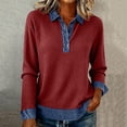 thumbnail image 2 of Women Denim Lapel Waffle Sweater Long Sleeve V Neck Button Down Pullover Knit Polos Shirt Casual Fall Outfits, 2 of 7