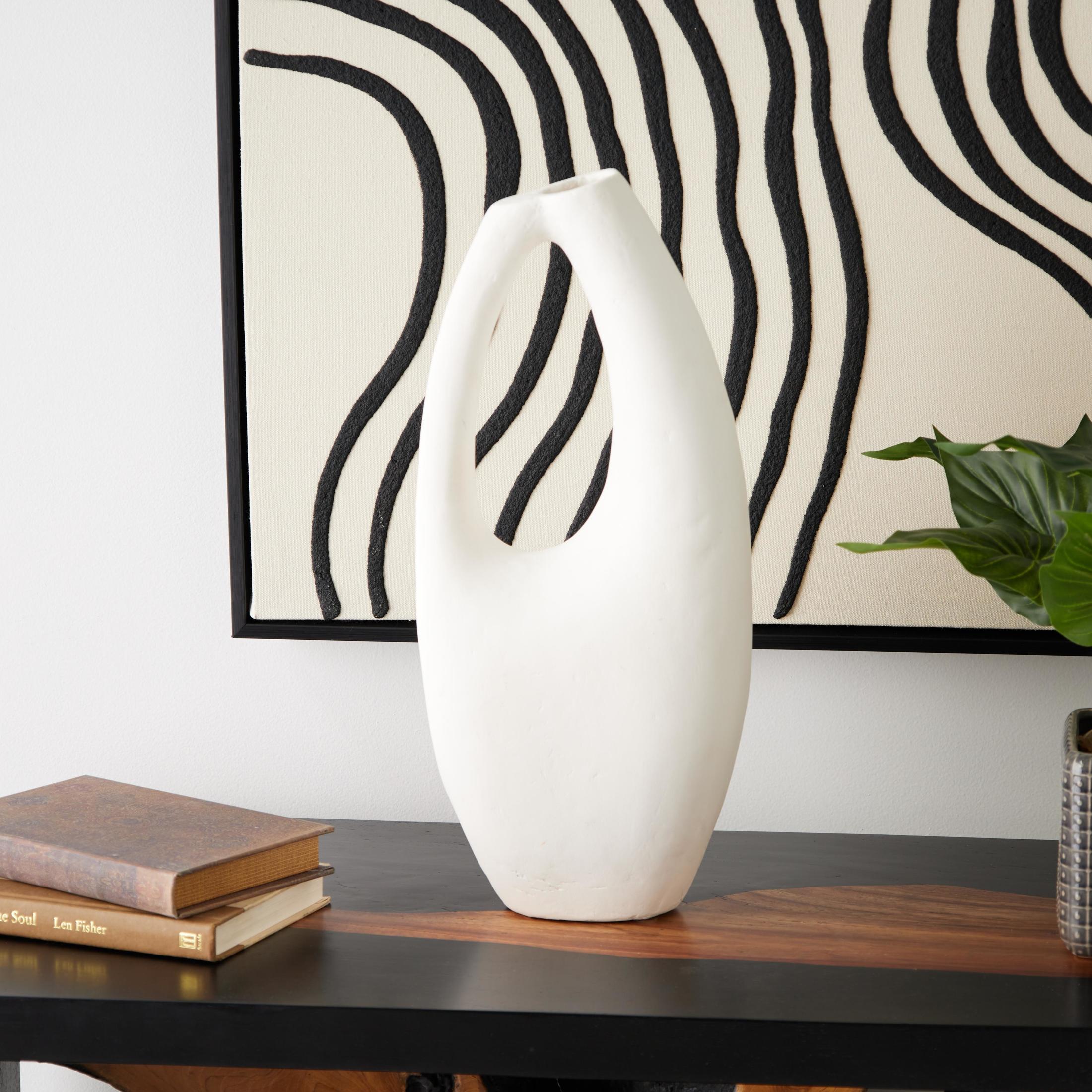DecMode 18" Abstract Curved Beige Paper Mache Vase with Handle