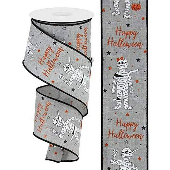 Mummies with Glitter on Canvas Wired Edge Ribbon, 10 Yards (Light Grey, 2.5 Inch)